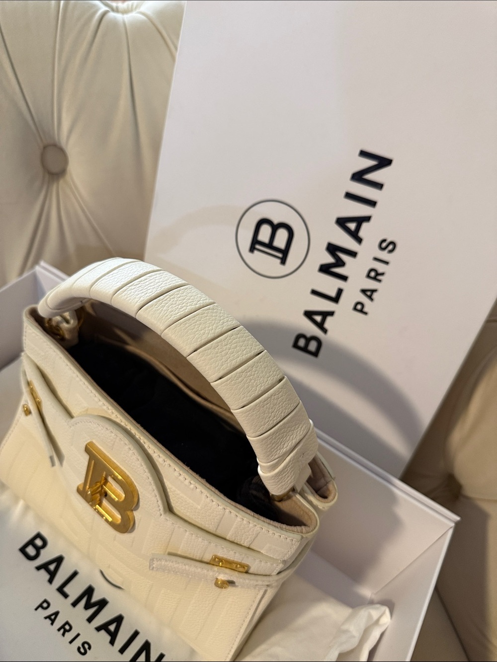 Balmain Cream Top-Handle Satchel with Gold 'B' Logo - Picture 5 of 5